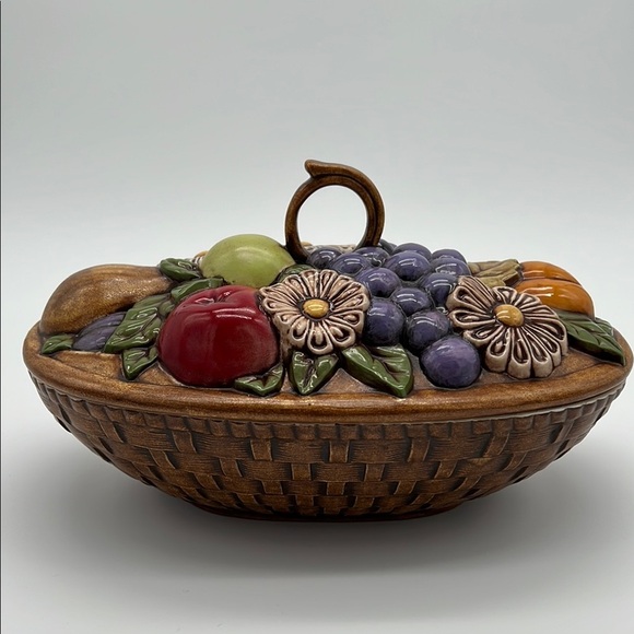 Vintage 1974 ColorfulFruit Basket Painted Ceramic Serving Dish with Lid - Picture 1 of 16